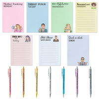 Xqumoi 14Pcs Funny Memo Notepads Ballpoint Pen Set - Swear Word Sarcastic Sayings Notepads Humorous Writing Memo Pads Days of The Week Daily Glitter Pen for Adults Coworkers Office Supplies Funny Gift