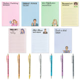 Xqumoi 14Pcs Funny Memo Notepads Ballpoint Pen Set - Swear Word Sarcastic Sayings Notepads Humorous Writing Memo Pads Days of The Week Daily Glitter Pen for Adults Coworkers Office Supplies Funny Gift