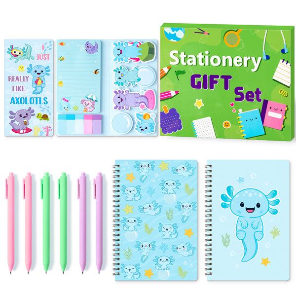 Xqumoi Axolotl Sticky Note A5 Notebooks Pens Stationary Set - Axolotl Self-Stick Notes Pads Spiral Notebooks Black Gel Ballpoint Pens School Office Supplies Teacher Appreciation Gift with Box (Blue)