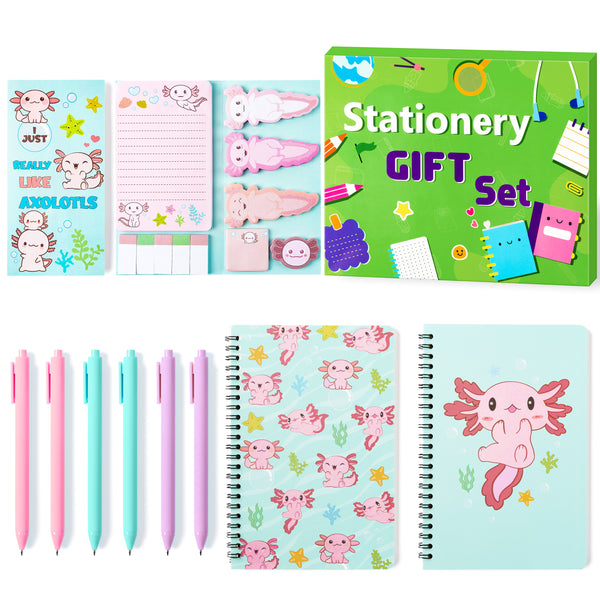 Xqumoi Axolotl Sticky Note A5 Notebooks Pens Stationary Set - Axolotl Self-Stick Notes Pads 2 Pack Spiral Notebooks Black Gel Ballpoint Pens School Office Supplies Teacher Appreciation Gift with Box