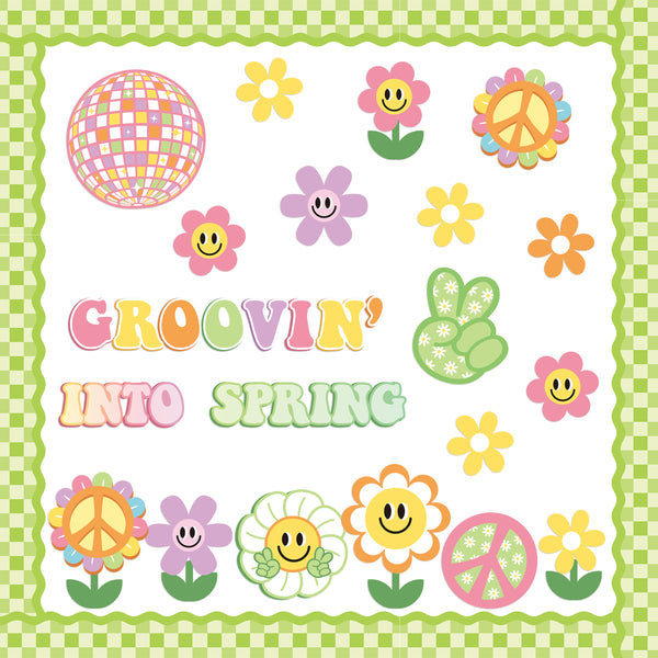 Xqumoi Retro Groovin' Into Spring Bulletin Board Decorations - 86Pcs Groovy Hippie Boho Spring Flowers Cutouts Name Tags Checkerboard Boarder Trim School Classroom Home Office Chalkboard Wall Decor