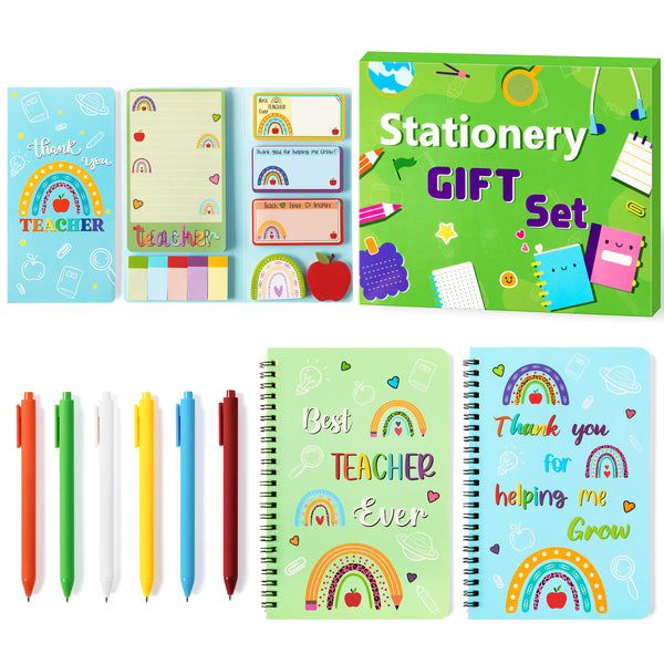 Xqumoi Teacher Sticky Note A5 Notebooks Pens Stationary Set Teacher Sticky Notepads 2 Pack Spiral Notebooks Black Gel Ballpoint Pen School Office Supplies Teacher Appreciation Gift with Box (Colorful)