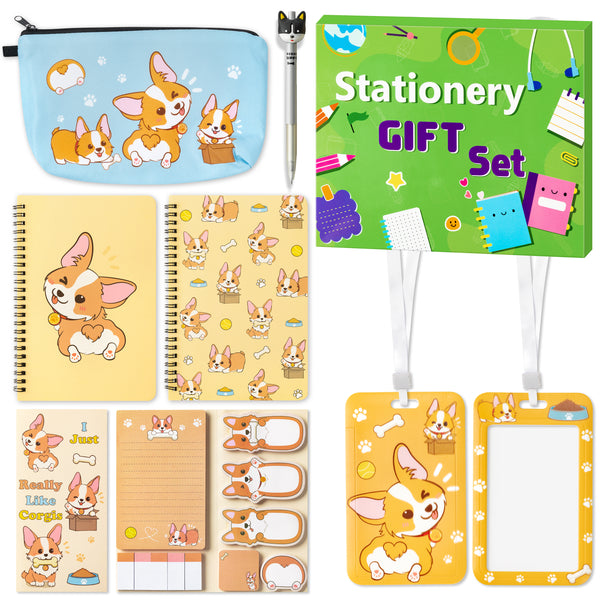 Xqumoi Corgi Stationary Supplies Gift Set - Corgi Sticky Notes Pads 2 Pack A5 Spiral Notebooks Black Gel Ballpoint Pen Pencil Case Card Badge Holder with Lanyard Office School Supplies Gift with Box