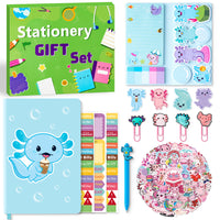 Xqumoi Axolotl Stationery Gift Set, Axolotl Sticky Notes A5 Hardcover Ruled Journal Notebook with Stickers Magnet Bookmarks Paper Clip Gel Ballpoint Pen Birthday Back to School Supply (Blue)
