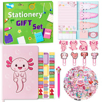 Xqumoi Axolotl Stationery Gift Set, Axolotl Sticky Notes A5 Hardcover Ruled Journal Notebook with Planner Stickers Magnet Bookmarks Paper Clip Gel Ballpoint Pen Stickers Birthday Back to School Supply