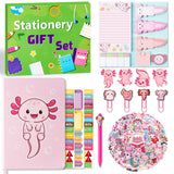 Xqumoi Axolotl Stationery Gift Set, Axolotl Sticky Notes A5 Hardcover Ruled Journal Notebook with Planner Stickers Magnet Bookmarks Paper Clip Gel Ballpoint Pen Stickers Birthday Back to School Supply