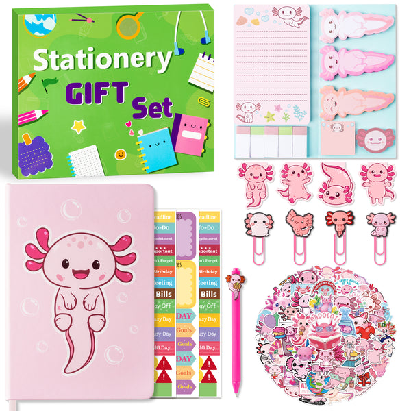 Xqumoi Axolotl Stationery Gift Set, Axolotl Sticky Notes A5 Hardcover Ruled Journal Notebook with Planner Stickers Magnet Bookmarks Paper Clip Gel Ballpoint Pen Stickers Birthday Back to School Supply