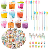 Xqumoi 114Pcs Bubble Tea Stationery and School Supplies Set - Cute Bubble Tea Sticky Notes, Paper Clip Bookmarks, Boba Decal Stickers and Pens, Assorted Mini Erasers, Back to School Gift for Kids