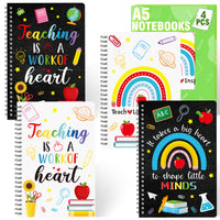 Xqumoi 4 Pack Black White A5 Teacher Spiral Notebooks - Teaching is A Work of Heart Ruled Hardbound Journal Writing Notebooks Teacher Appreciation Gift Back to School Office Supplies Notepad Diary