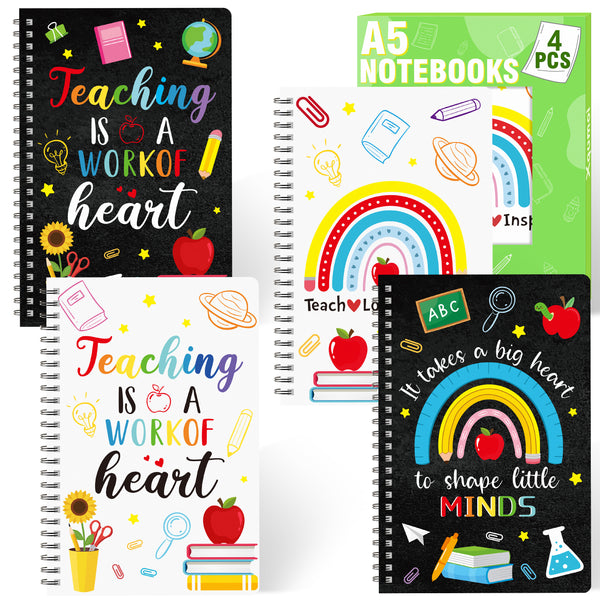 Xqumoi 4 Pack Black White A5 Teacher Spiral Notebooks - Teaching is A Work of Heart Ruled Hardbound Journal Writing Notebooks Teacher Appreciation Gift Back to School Office Supplies Notepad Diary