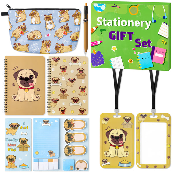 Xqumoi  Pug Stationary Supplies Gift Set - Pug Sticky Notes Pads 2 Pack A5 Spiral Notebooks Black Gel Ballpoint Pen Pencil Case Card Badge Holder with Lanyard Office School Supplies Gift with Box