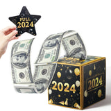 Xqumoi 2024 Happy New Year Money Box for Cash Gift Pull, Black Gold Money Gift Boxes for Cash with Pull Out 2024 Card DIY Holiday Surprise Gift Box New Year's Eve Creative Way to Give Cash as A Gift