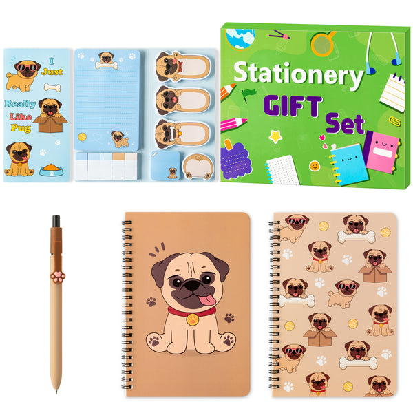 Xqumoi Shar Pei Pug Sticky Note A5 Notebooks Pens Stationary Set - Pug Self-Stick Notes Pads 2 Pack Spiral Notebooks Black Gel Ballpoint Pen School Office Supplies Teacher Appreciation Gift with Box