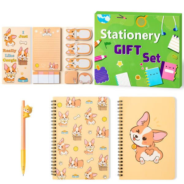 Xqumoi Corgi Sticky Note A5 Notebooks Pen Stationary Set - Corgi Self-Stick Notes Pads 2 Pack Spiral Notebooks Black Gel Ballpoint Pen School Office Supplies Teacher Appreciation Gift with Box