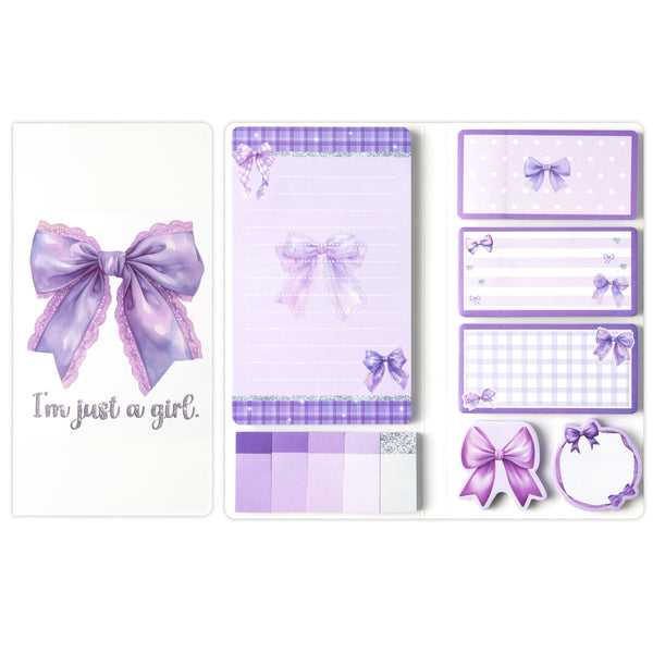 Xqumoi Coquette Purple Bow Sticky Notes Set - I’m Just A Girl Self-Stick Note Pads Bowknot Notepads Writing Memo Pad Page Marker Bookmarker Preppy Girly Stuff Back to School Office Supplies Gift