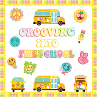 Xqumoi Retro Grooving into Preschool Bulletin Board Decorations - 86Pcs Groovy Hippie Boho School Bus Cutouts Trim Borders for Back to School Nursery Kindergarten Classroom Chalkboard Wall Decor