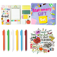 Xqumoi 3 pack Teacher Sticky Notes with Pen Stickers Stationary Set Black Gel Ballpoint Pens Teacher Self-Stick Notes Pads Rainbow Apple Vinyl Stickers School Office Supplies Party Favor Gift with Box