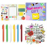 Xqumoi 3 pack Teacher Sticky Notes with Pen Stickers Stationary Set Black Gel Ballpoint Pens Teacher Self-Stick Notes Pads Rainbow Apple Vinyl Stickers School Office Supplies Party Favor Gift with Box