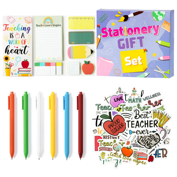 Xqumoi 3 pack Teacher Sticky Notes with Pen Stickers Stationary Set Black Gel Ballpoint Pens Teacher Self-Stick Notes Pads Rainbow Apple Vinyl Stickers School Office Supplies Party Favor Gift with Box