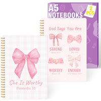 Xqumoi 2 Pack A5 Pink Bow Coquette Religious Spiral Notebooks - She Is Worthy Bible Verses Writing Notebooks, Ruled Hardbound Lined Journal, Christian Christmas Gift, Sunday School Supplies