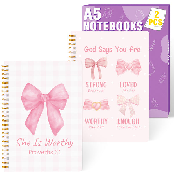 Xqumoi 2 Pack A5 Pink Bow Coquette Religious Spiral Notebooks - She Is Worthy Bible Verses Writing Notebooks, Ruled Hardbound Lined Journal, Christian Christmas Gift, Sunday School Supplies