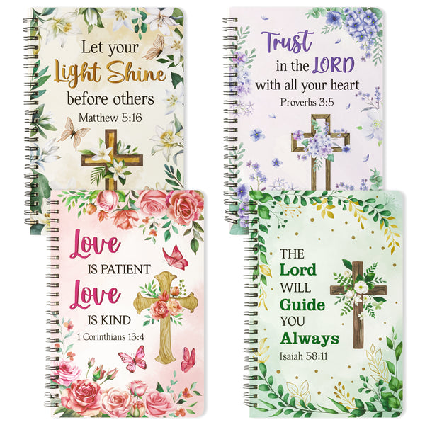 Xqumoi 4Pack A5 Floral Cross Religious Spiral Notebooks - Bible Verse Ruled Hardbound Journal Writing Hardcover Faith Spiral Notebooks Inspirational Christian Christmas Gift Sunday School Supplies