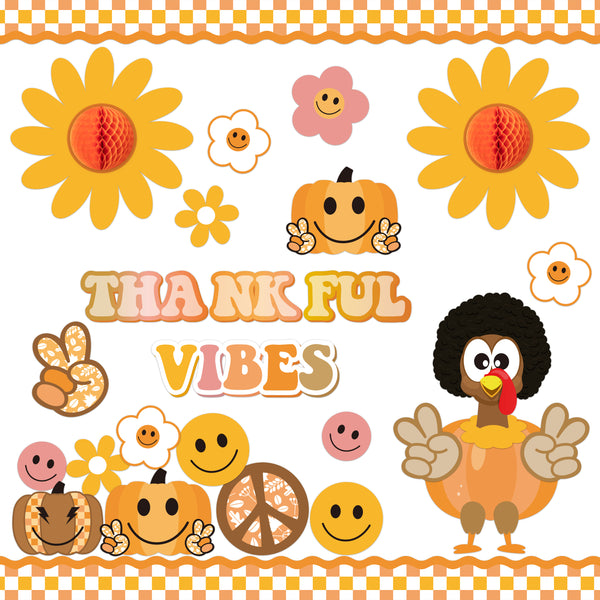 Xqumoi 91Pcs Retro Groovy Fall Turkey Bulletin Board Thankful Vibes Borders Decorations Hippie Autumn Pumpkin Daisy Give Thanks Cutouts for Thanksgiving School Classroom Home Office Chalkboard Decor