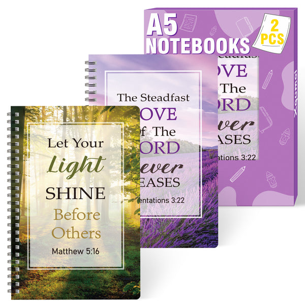 Xqumoi 2Pack A5 Natural Scenery Religious Spiral Notebooks - Bible Verses Notebooks, Ruled Hardbound Lined Journal, Writing Notebooks, Inspirational Christian Christmas Gift, Sunday School Supplies