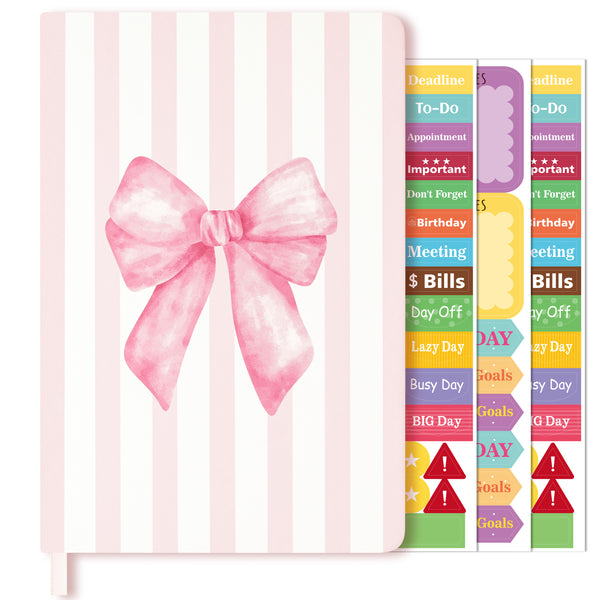 Xqumoi Coquette Pink Bow Hardcover Ruled Journal Notebook with Planner Stickers, A5 Hardbound Lined Journal Writing Notebook Teacher Appreciation Gift Back to School Office Supplies Diary Notepad