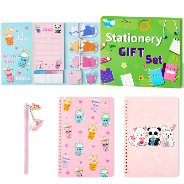 Xqumoi Boba Sticky Notes A5 Notebooks Pen Stationary Set - Bubble Tea Self-Stick Notes Pads 2 Pack Spiral Notebooks Black Gel Ballpoint Pen School Office Supplies Teacher Appreciation Gift with Box