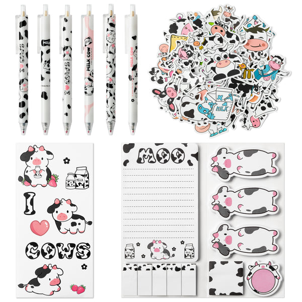 Xqumoi 67Pcs Cow Sticky Notes with Pen Stickers Stationary Set 0.5mm Black Gel Ballpoint Pens Milk Cow Self-Stick Notes Pads Cartoon Cow Shaped Vinyl Stickers School Office Supplies Party Favor Gift