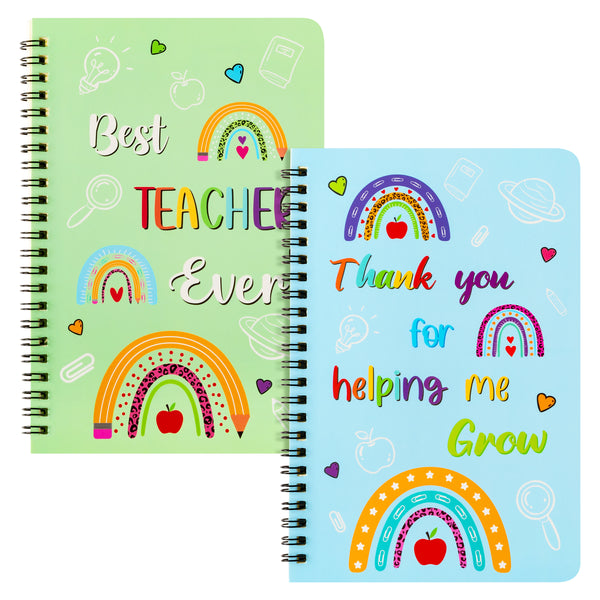 Xqumoi 2Pack A5 Teacher Spiral Notebooks, Thank You for Helping Me Grow Ruled Hardbound Journal Writing Notebooks Rainbow Boho Notebook School Office Supplies NotepadTeacher Appreciation Gift Diary