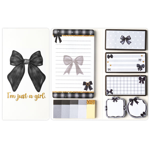 Xqumoi Coquette Black Bow Sticky Notes Set - I’m Just A Girl Self-Stick Note Pads Bowknot Notepads Writing Memo Pad Page Marker Bookmarker Preppy Girly Stuff Back to School Office Supplies Gift