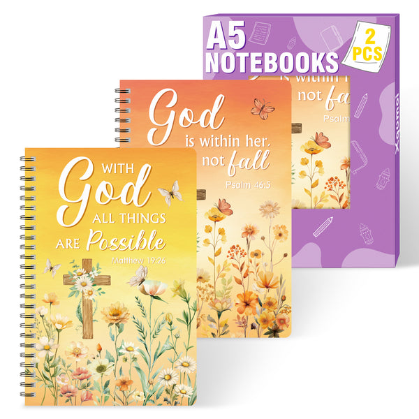 Xqumoi 2Pack A5 Fall Wild Flowers Cross Religious Spiral Notebooks - She Will Not Fall Bible Verses Notebooks Ruled Hardbound Journal Writing Notebooks Thanksgiving Christian Gift School Supplies