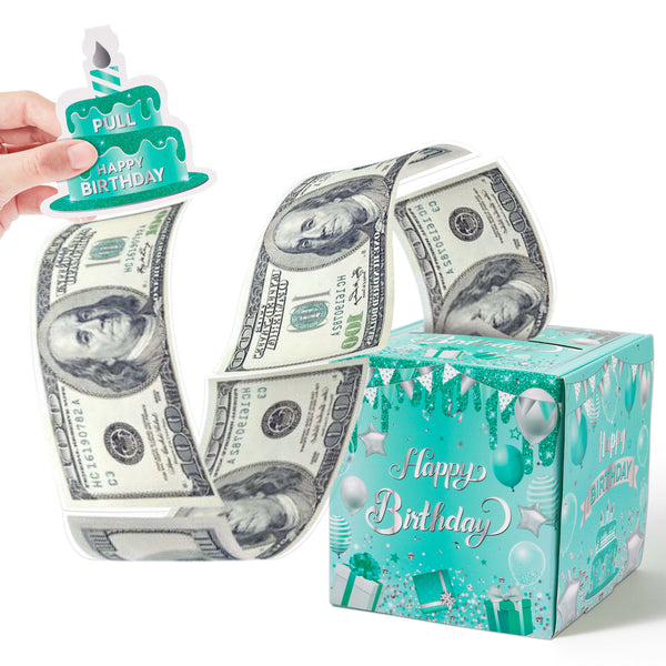 Xqumoi Birthday Money Box for Cash Gift Pull - Teal Blue Money Gift Boxes for Cash with Pull Out Happy Birthday Card Funny DIY Holiday Surprise Birthday Gift Box Creative Way to Give Cash as A Gift