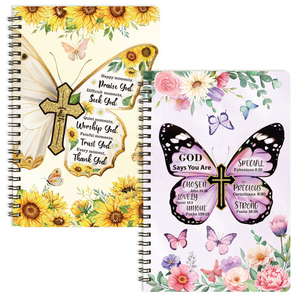 Xqumoi 2Pack A5 Floral Cross Butterfly Religious Spiral Notebooks - God Says You Are Bible Verse Ruled Hardbound Journal Writing Hardcover Notebooks Christian Christmas Gift Sunday School Supplies