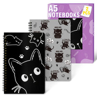 Xqumoi 2Pack A5 Funny Black Cat Spiral Notebooks - Crazy Cute Cat Notebooks, Ruled Hardbound Lined Journal, Writing Hardcover Notebooks, Back to School Supplies, Office Supplies, Cat Lover Gift