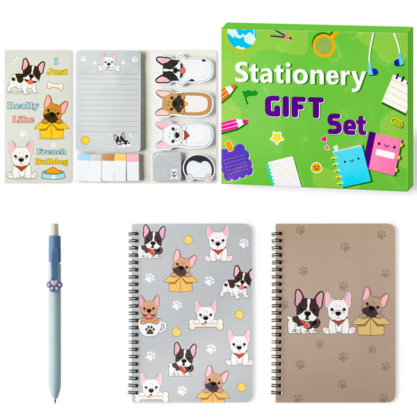 Xqumoi Bulldog Sticky Note A5 Notebooks Pens Stationary Set - Bulldog Self-Stick Notes Pads 2 Pack Spiral Notebooks Black Gel Ballpoint Pen School Office Supplies Teacher Appreciation Gift with Box