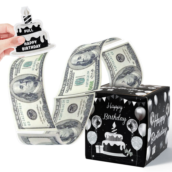 Xqumoi Birthday Money Box for Cash Gift Pull - Black Silver Money Gift Boxes for Cash with Pull Out Happy Birthday Card Funny DIY Holiday Surprise Birthday Gift Box Creative Way to Give Cash as A Gift