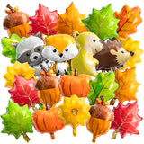 Xqumoi 30Pcs Fall Woodland Animals Foil Balloons Thanksgiving Party Decorations Supplies Forest Creatures Pumpkin Maple Leaves Mylar Helium Balloons for Baby Shower Birthday Autumn Harvest Decor