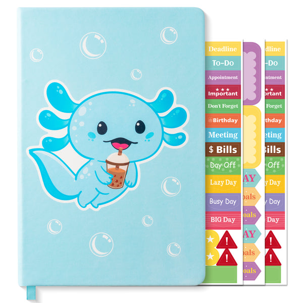 Xqumoi Axolotl Hardcover Ruled Journal Notebook with Planner Stickers, A5 Hardbound Journal Writing Notebook Teacher Appreciation Gift Back to School Office Supplies Diary Notepad 8.3” x 5.5” (Blue)