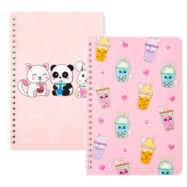 Xqumoi 2Pack A5 Boba Tea Spiral Notebooks, Bubble Tea Cup Pattern Ruled Hardbound Journal Writing Notebooks Hardcover Notebook for Student School Office Supplies Back to School Notepad Diary Gift