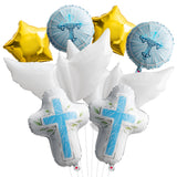 Xqumoi Religious Foil Balloons Party Decoration - 7Pcs Cross White Dove Star Aluminum Balloons for Baptism First Communion Party Supplies God Bless Christening Memorial Baby Shower Decor (Blue)