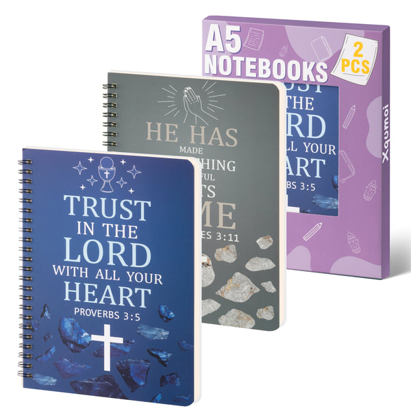 Xqumoi 2Pack A5 Cross Religious Spiral Notebooks - Inspirational Bible Verses Notebooks Ruled Hardbound Lined Journal Writing Notebooks Christian Christmas Church Gift School Supplies (Blue & Grey)