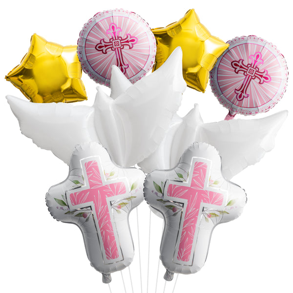 Xqumoi Religious Foil Balloons Party Decoration - 7Pcs Cross White Dove Star Aluminum Balloons for Baptism First Communion Party Supplies God Bless Christening Memorial Baby Shower Decor (Pink)