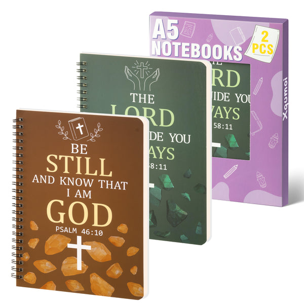 Xqumoi 2Pack A5 Cross Religious Spiral Notebooks - Inspirational Bible Verses Notebooks Ruled Hardbound Lined Journal Writing Notebooks Christian Christmas Church Gift School Supplies (Green & Brown)