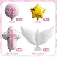 Xqumoi Religious Foil Balloons Party Decoration - 7Pcs Cross White Dove Star Aluminum Balloons for Baptism First Communion Party Supplies God Bless Christening Memorial Baby Shower Decor (Pink)