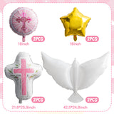 Xqumoi Religious Foil Balloons Party Decoration - 7Pcs Cross White Dove Star Aluminum Balloons for Baptism First Communion Party Supplies God Bless Christening Memorial Baby Shower Decor (Pink)