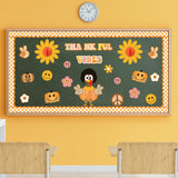 Xqumoi 91Pcs Retro Groovy Fall Turkey Bulletin Board Thankful Vibes Borders Decorations Hippie Autumn Pumpkin Daisy Give Thanks Cutouts for Thanksgiving School Classroom Home Office Chalkboard Decor