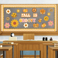 Xqumoi 94Pcs Retro Fall is Groovy Decorations Hippie Boho Autumn Pumpkin Maple Leaves Daisy Boarder Trim for Thanksgiving School Classroom Home Office Chalkboard Decor